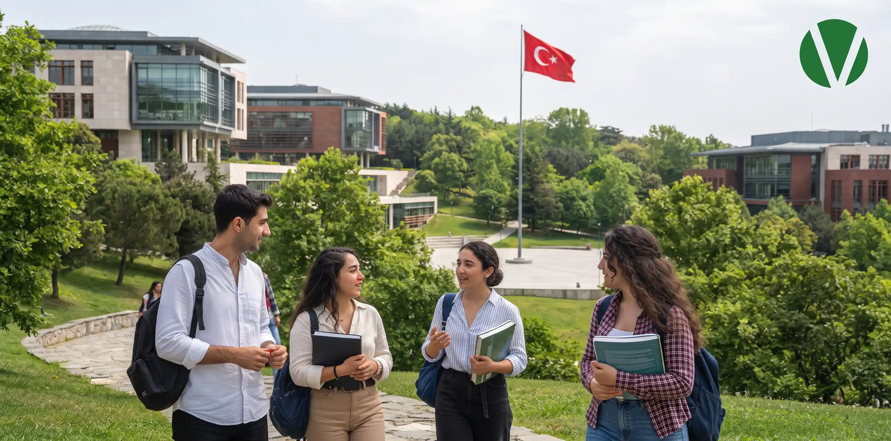صورة واقعية لحرم جامعة كوتش في تركيا (Koç University)، حيث يسير في المقدمة خمسة طلاب جامعيون يحملون حقائب وكتباً ويتحدثون معاً بانسجام تام. الحرم الجامعي يظهر بمبانيه الحديثة ومساحاته الخضراء الغنية التي تعكس الهوية البصرية الخضراء للجامعة. في الخلفية، وعلى سارية مرتفعة، يرفرف علم تركيا مرة واحدة بوضوح. في الزاوية العلوية اليمنى، يظهر شعار جامعة كوتش (الدائرة الخضراء التي تحتوي على حرف V). الإضاءة طبيعية وساطعة تعزز من واقعية المشهد.
