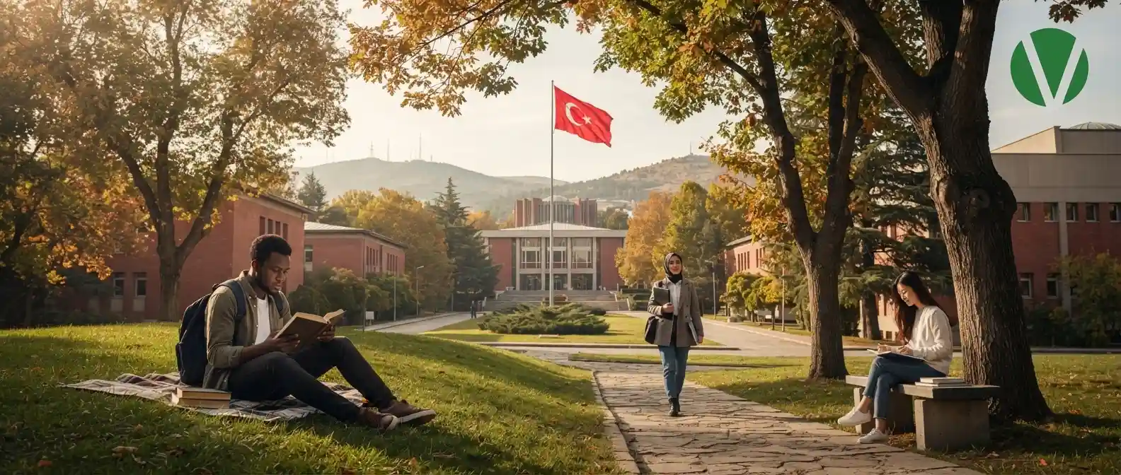 صورة واقعية مستطيلة لحرم جامعة الشرق الأوسط التقنية (METU) في أنقرة. في الخلفية، تظهر المباني المميزة من الطوب الأحمر والتلال المحيطة، مع علم تركيا يرفرف على سارية مركزية. في المقدمة، يجلس طالب دولي على العشب ويقرأ كتاباً، بينما تمشي طالبة في الممر، وتجلس أخرى على مقعد.
