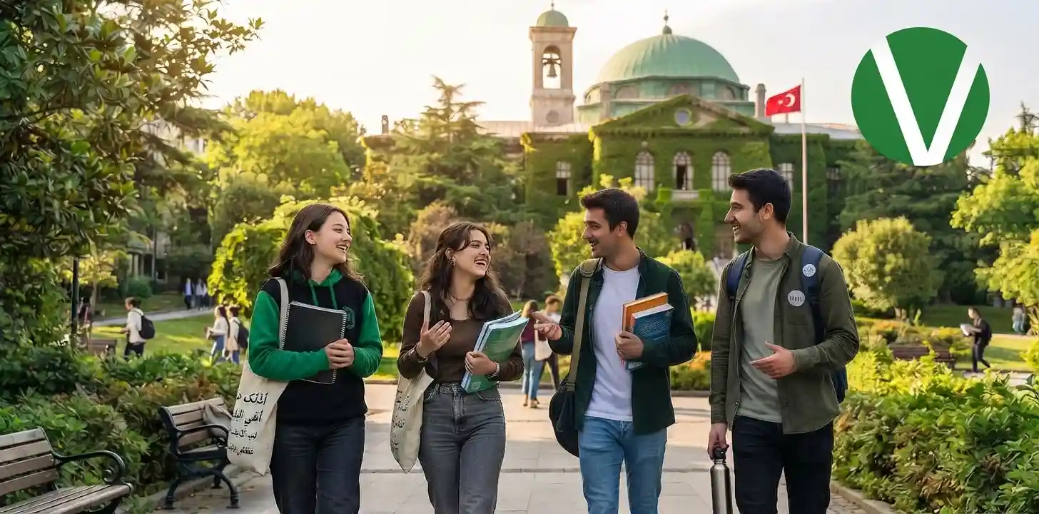 أربعة طلاب جامعيين يضحكون ويمشون في حرم جامعة إسطنبول التقنية (ITU).