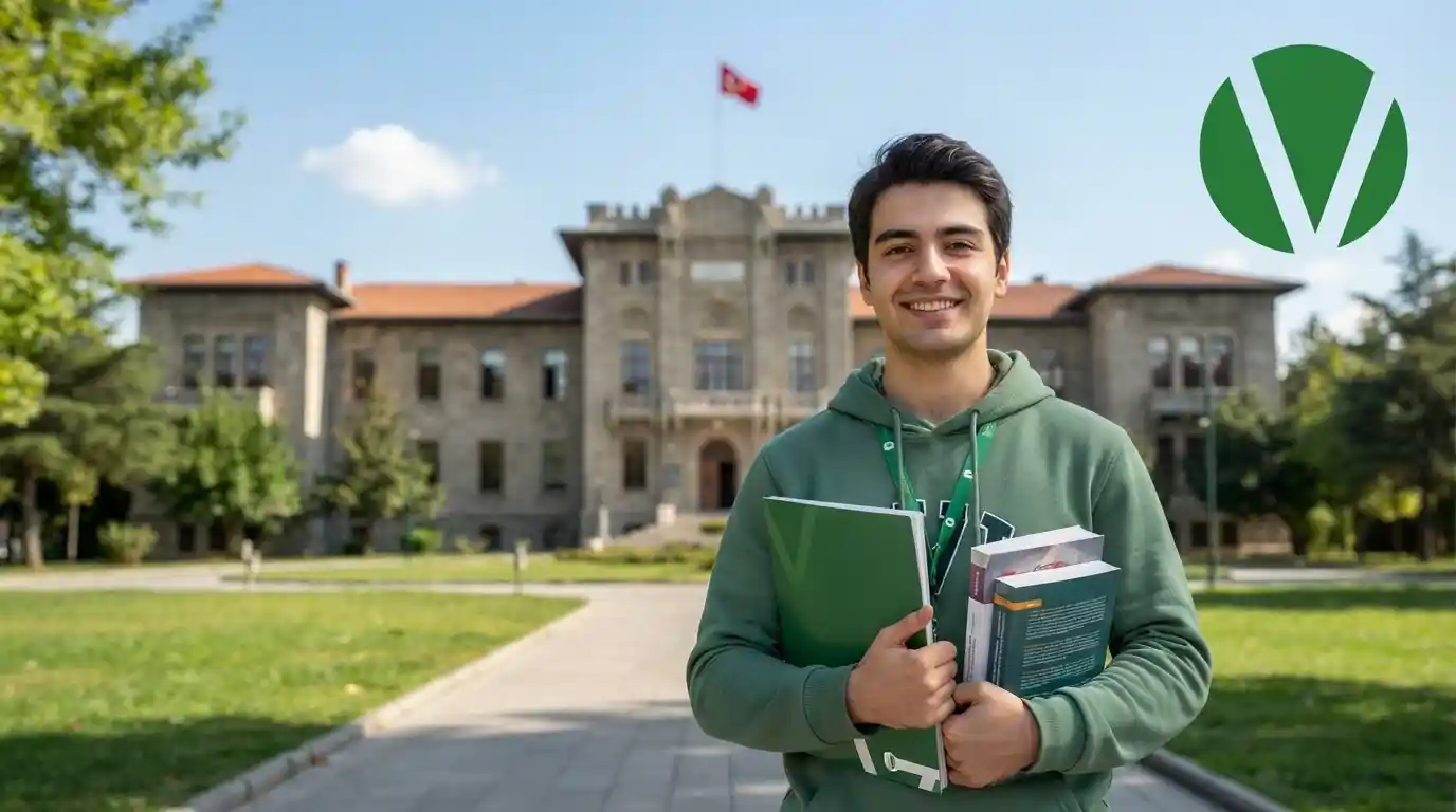 طالب يبتسم أمام المبنى التاريخي لجامعة حاجتبة في أنقرة، ممسكاً بملف وكتب، مع شعار الجامعة في الأعلى والعلم التركي في الخلفية.