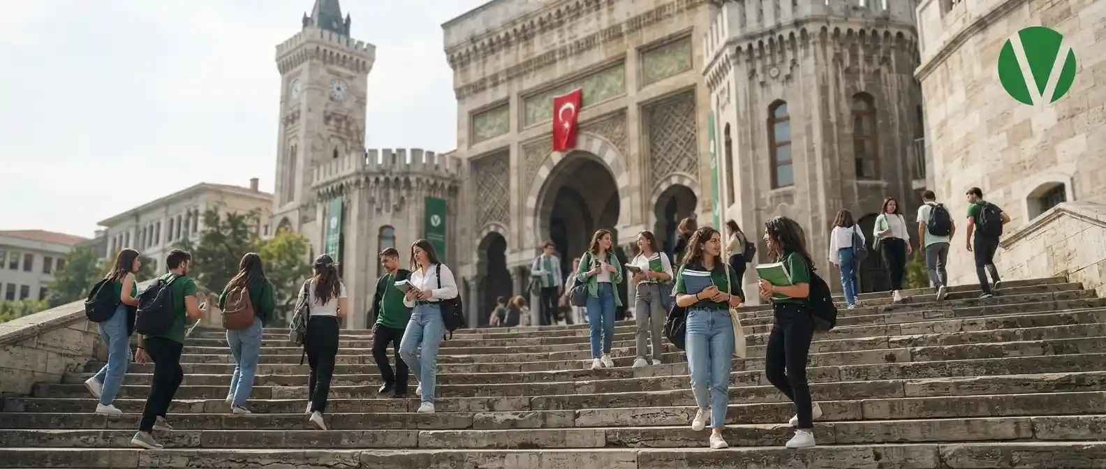 طلاب جامعة إسطنبول على السلالم التاريخية للمبنى مع العلم التركي والشعار.