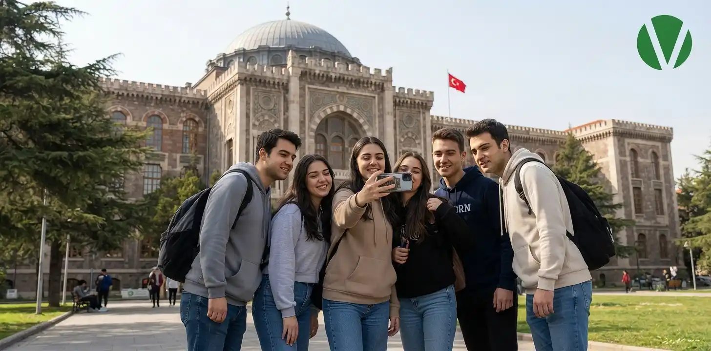 مجموعة من طلاب جامعة أنقرة يلتقطون صورة سيفيلي (معاً) بالهاتف المحمول أمام مبنى الجامعة، مع ظهور علم تركيا وشعار الهوية البصرية الأخضر.