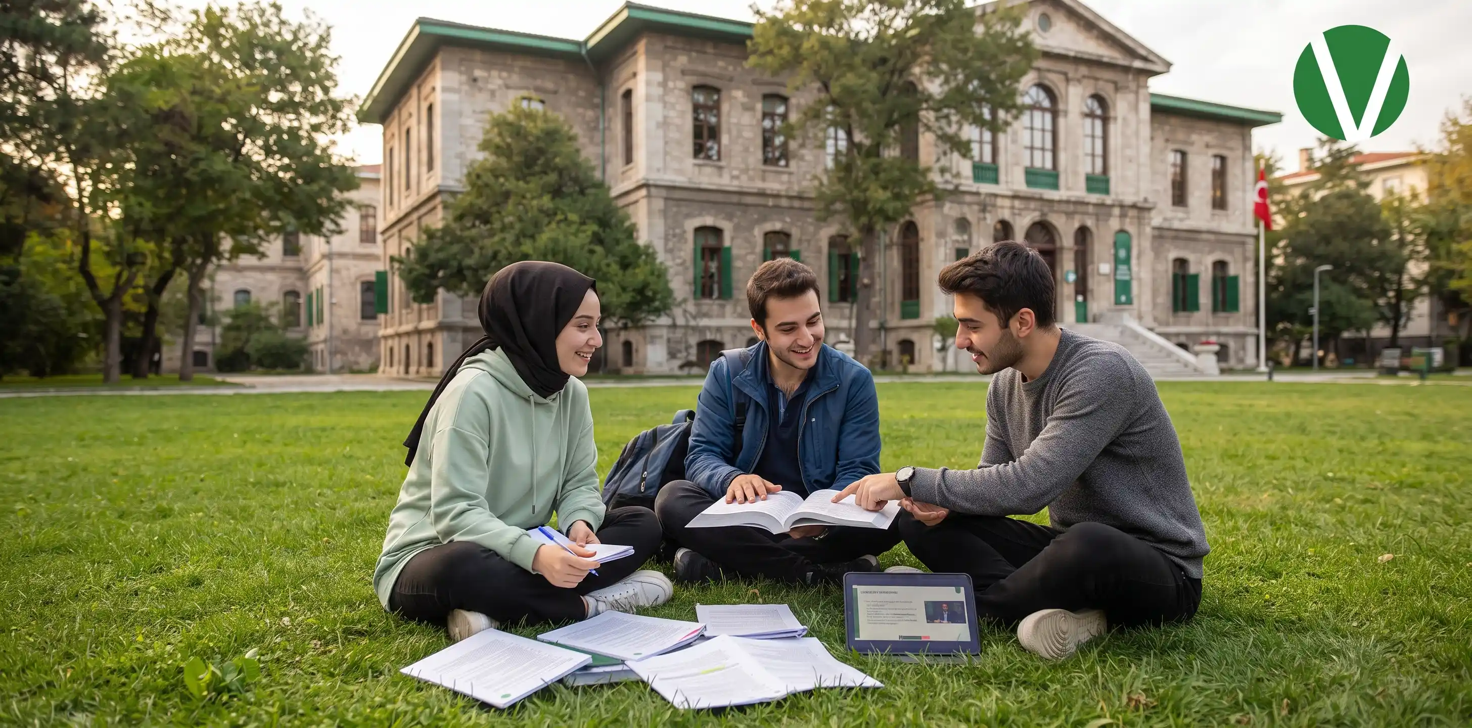 صورة واقعية لثلاثة طلاب يتناقشون على عشب الحرم الجامعي أمام مبنى تاريخي لجامعة يلدز التقنية.