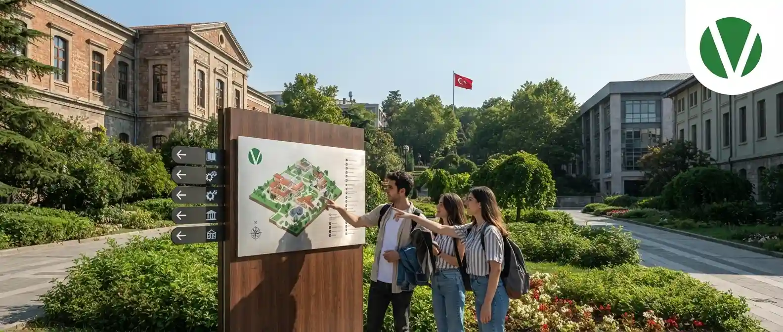 طالبان يستكشفان خريطة الحرم الجامعي في جامعة غازي.