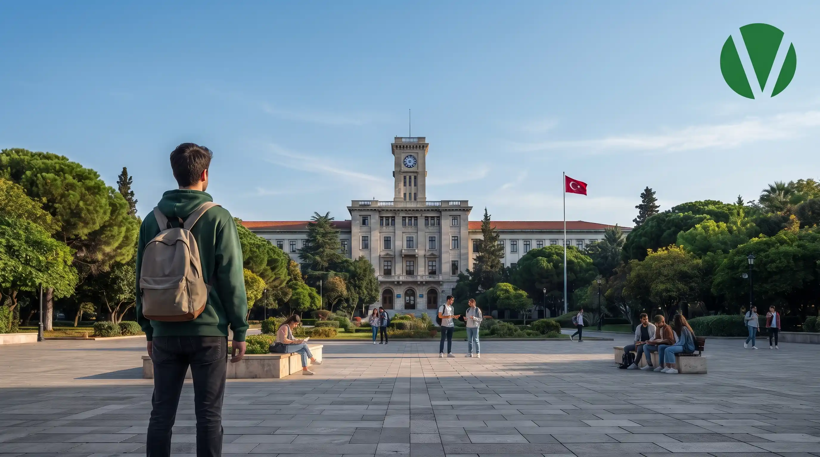 طلاب في الحرم الجامعي الرئيسي لجامعة إيجة (Ege University) في إزمير، تركيا، مع إطلالة على برج الساعة التاريخي والعلم التركي، وشعار الجامعة الأخضر في الزاوية.