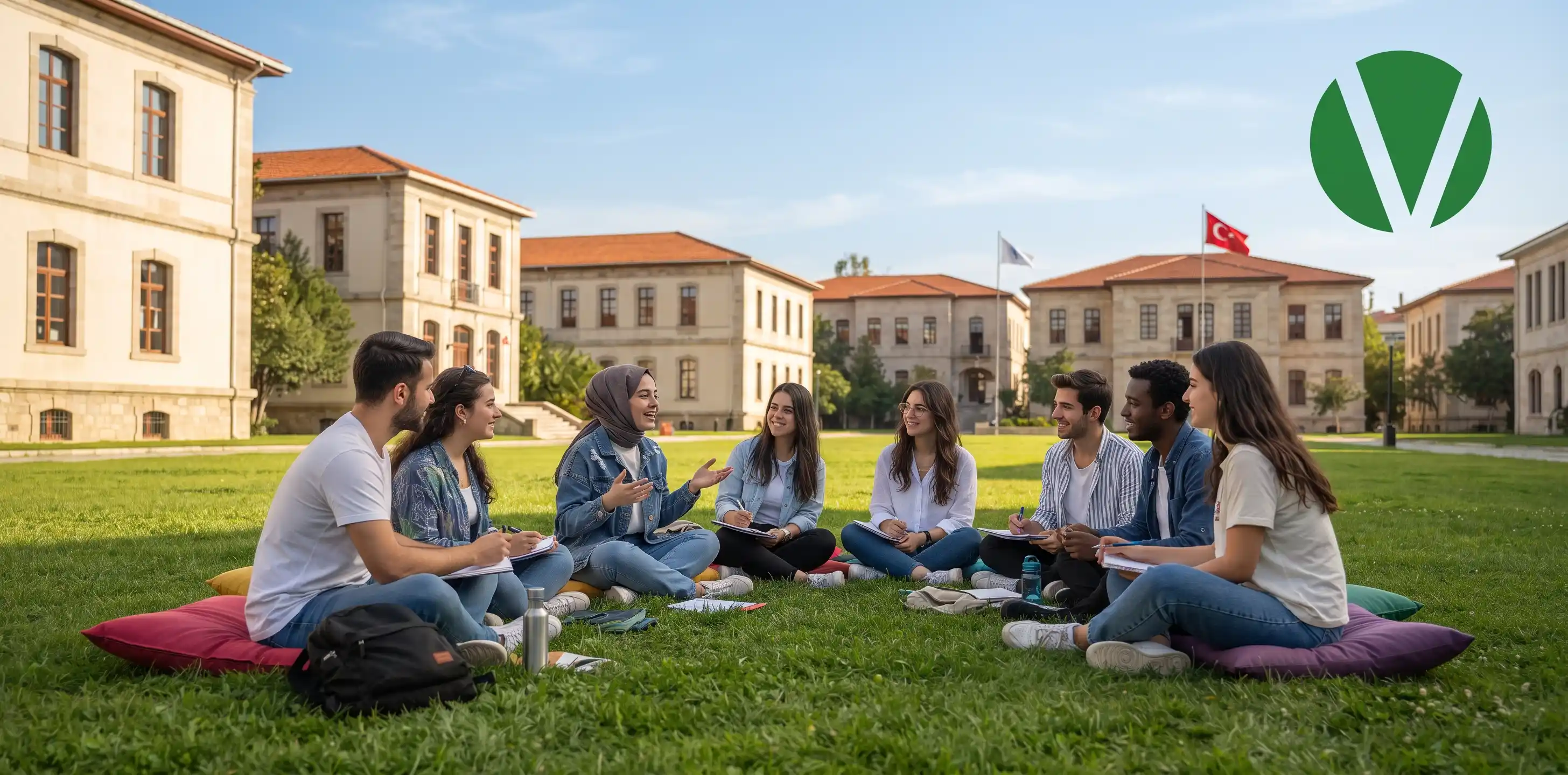 طلاب جامعة دوكوز أيلول يجلسون في حلقة نقاشية بحرم الجامعة الأخضر.