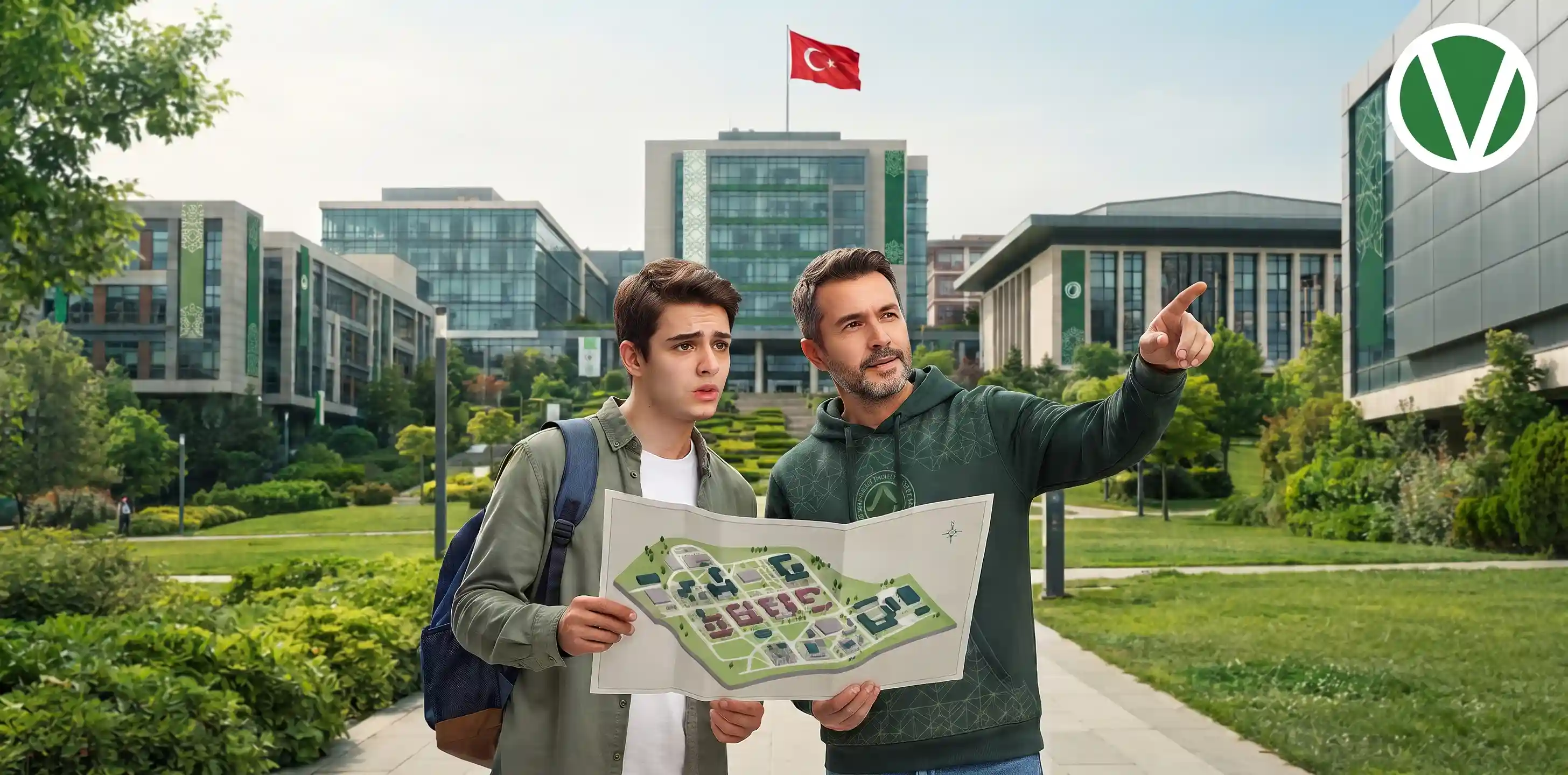 طالبان يحملان خريطة ويشيران إلى مباني الحرم الجامعي في جامعة الأناضول.