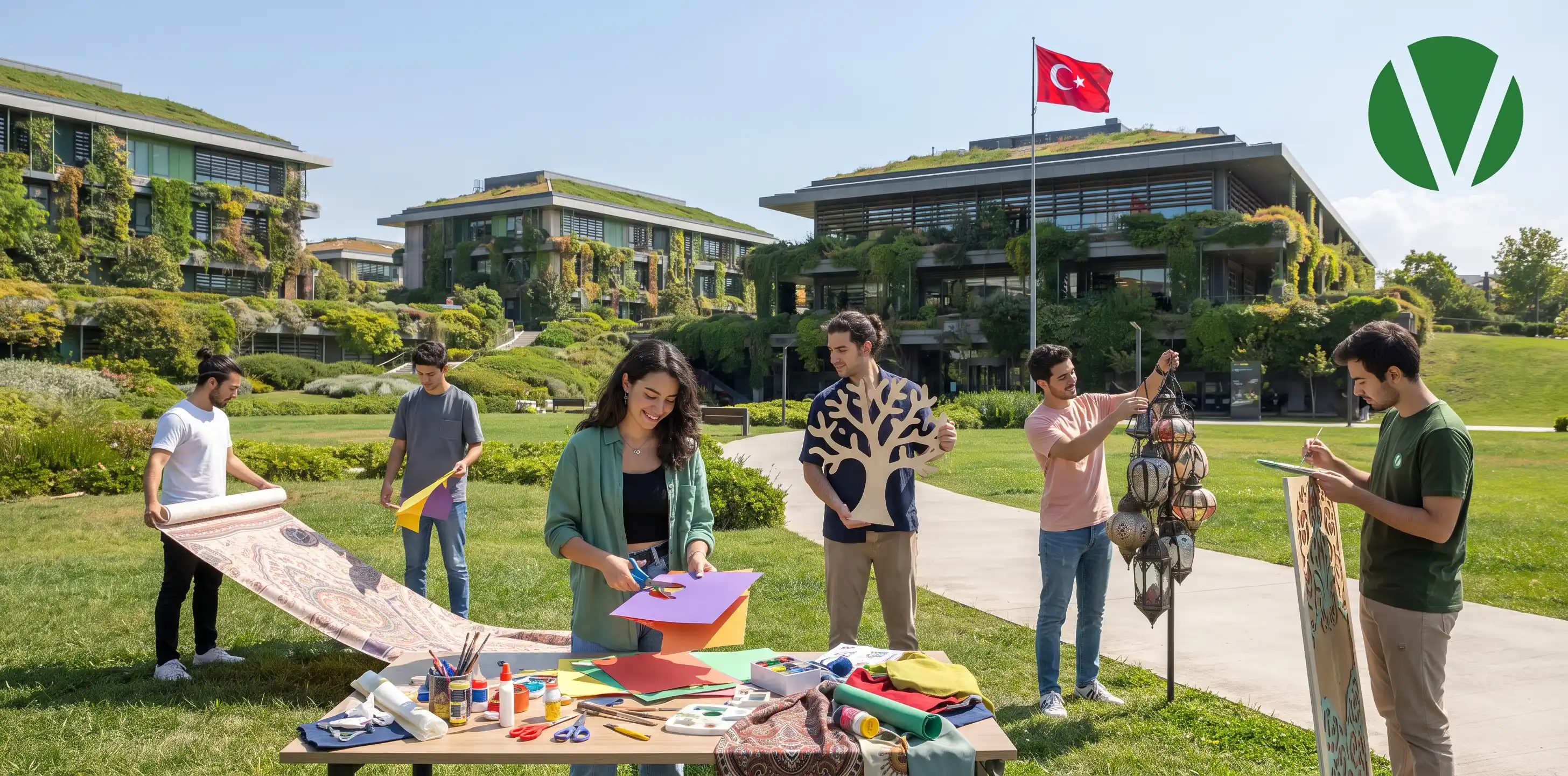 طلاب من جامعة أوزيين يشاركون في تجهيز ديكورات فنية داخل الحرم الجامعي وسط المساحات الخضراء وعلم تركيا.