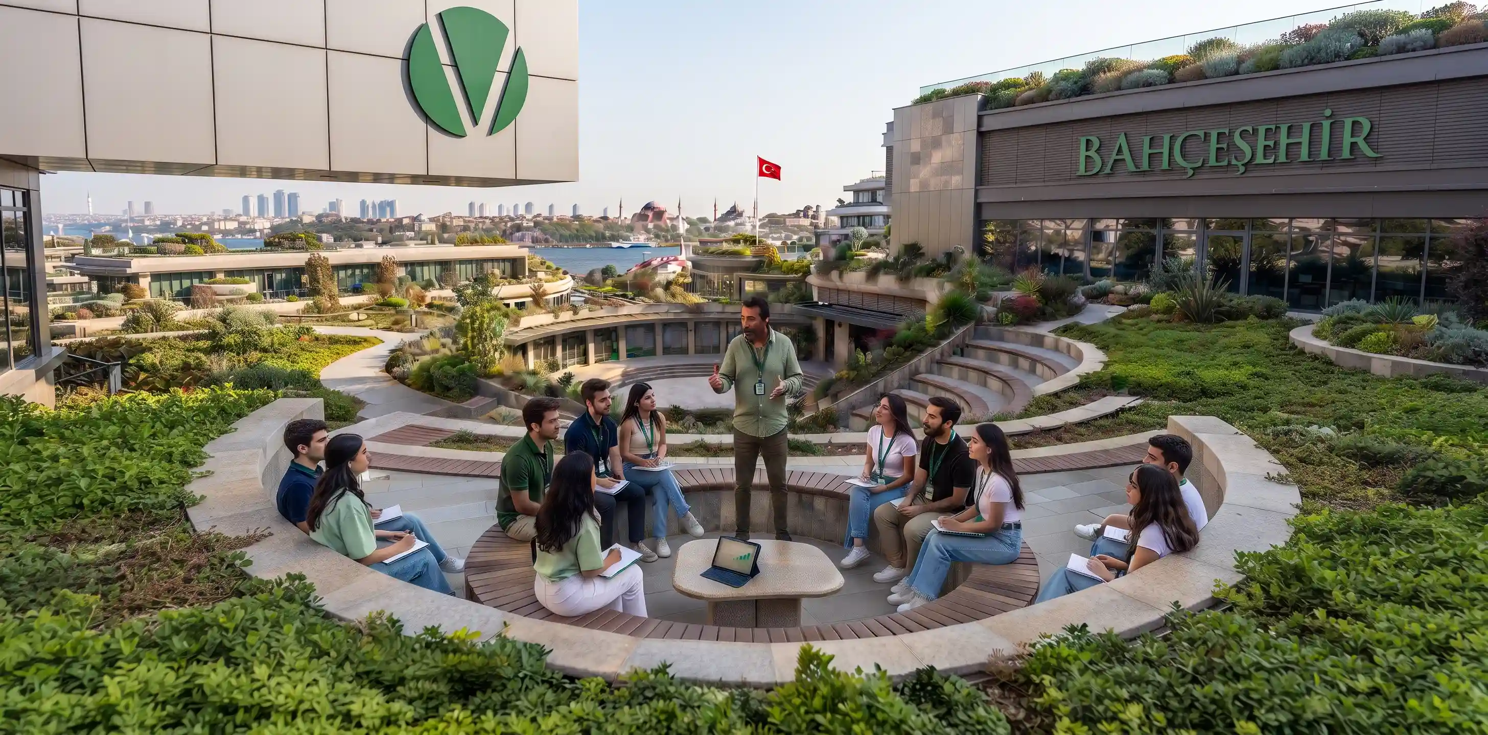لقطة واسعة لجامعة بهتشه شهير المطلة على مضيق البسفور بإسطنبول، حيث يلقي أستاذ محاضرة خارجية لمجموعة طلاب جالسين في مدرج دائري من الخشب والحجر.