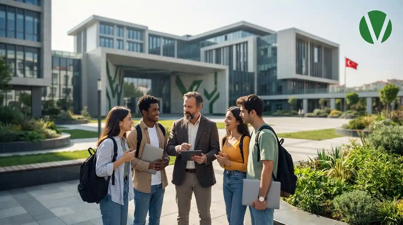 أستاذ جامعي يناقش مجموعة من الطلاب في ساحة جامعة تشانكايا الحديثة والمبنى ظاهر بالكامل، مع وجود العلم التركي والشعار الأخضر في الزاوية.