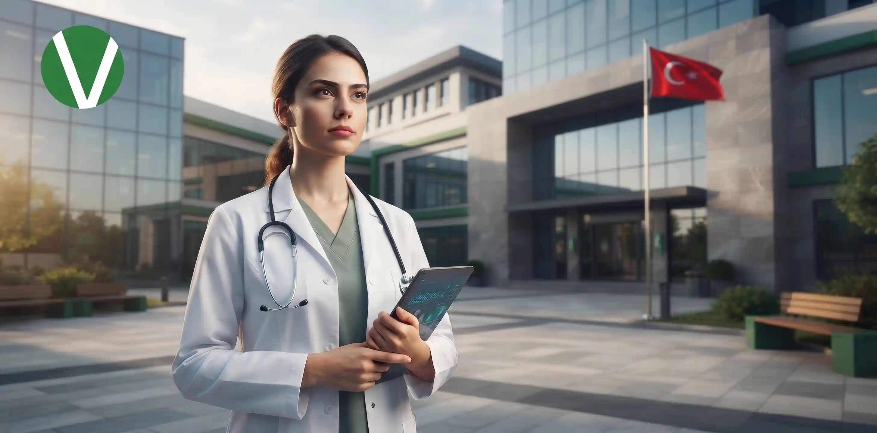 طالبة طب بالبالطو الأبيض والسماعة أمام مبنى جامعة تركية حديثة وعلم تركيا مع شعار الموقع أعلى اليسار.