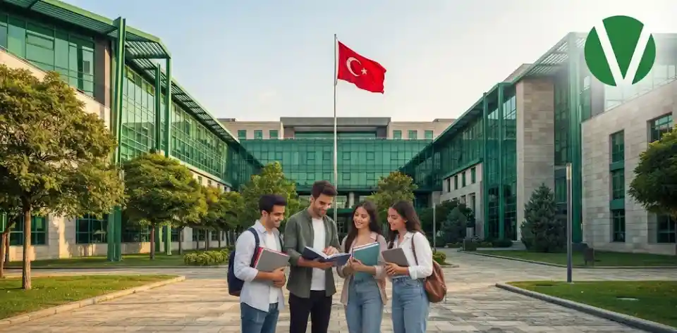 \\\"أربعة طلاب يبتسمون ويقرأون كتاباً أمام مبنى جامعة تركية حديث\\\".