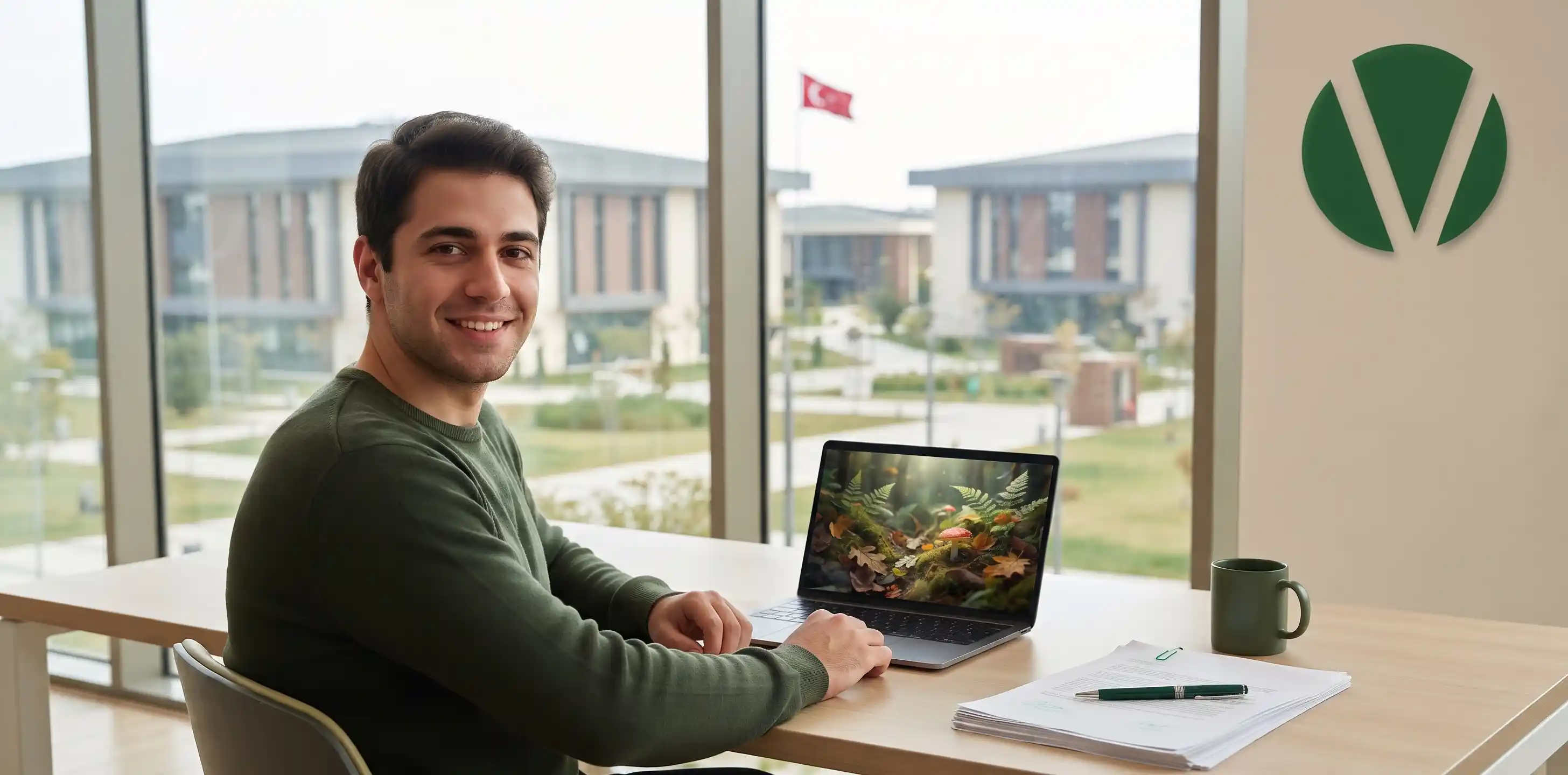 طالب جامعي يبتسم أمام لابتوب في مكتب بإطلالة على الحرم الجامعي التركي وشعار أخضر.