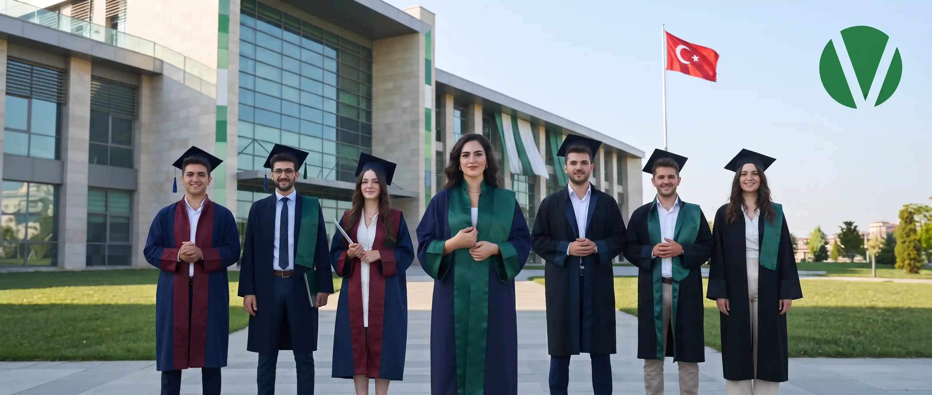 صورة طلاب ماجستير ودكتوراه أمام مبنى جامعة تركية حديثة مع علم تركيا والشعار الأخضر أعلى اليمين