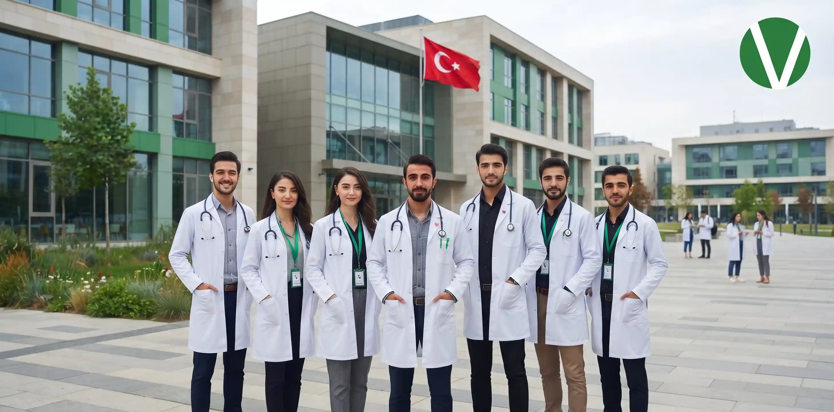 مجموعة من طلاب الطب الدوليين بالمعاطف البيضاء والسماعات الطبية أمام مبنى كلية طب حديث مع علم تركيا وشعار الهوية البصرية.