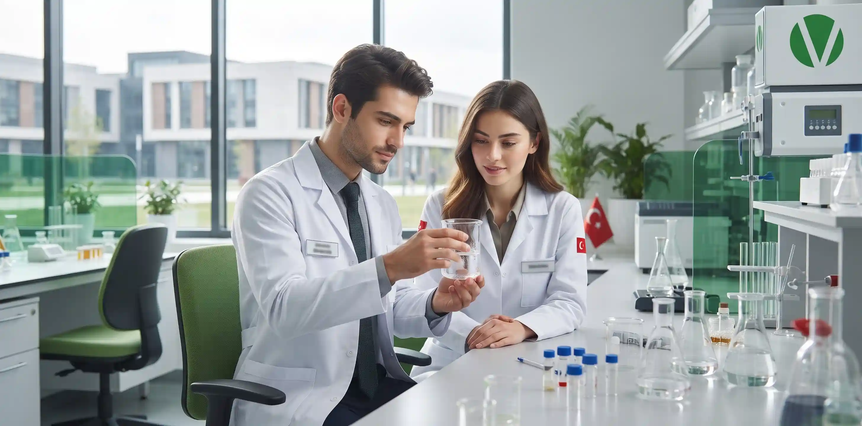 "طالب وطالبة صيدلة يرتديان المعاطف البيضاء داخل معمل جامعي حديث، مع أدوات مخبرية وهويات بصرية خضراء."