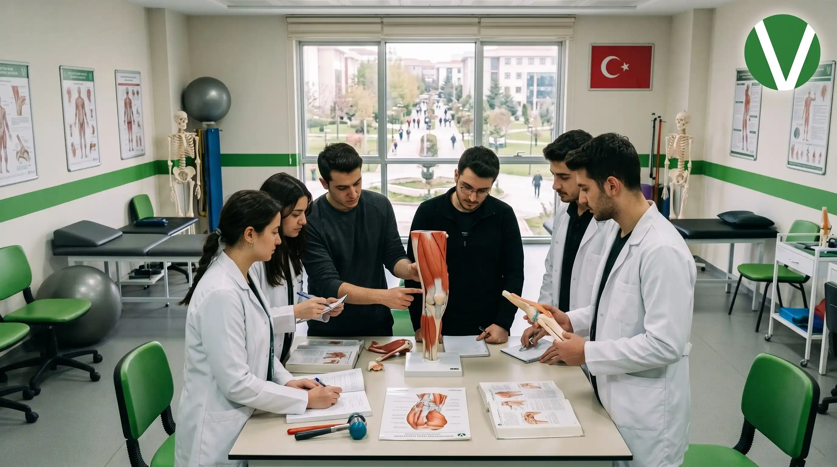 طلاب يدرسون مجسماً تشريحياً للعضلات والمفاصل داخل معمل علاج طبيعي بجامعة في تركيا.