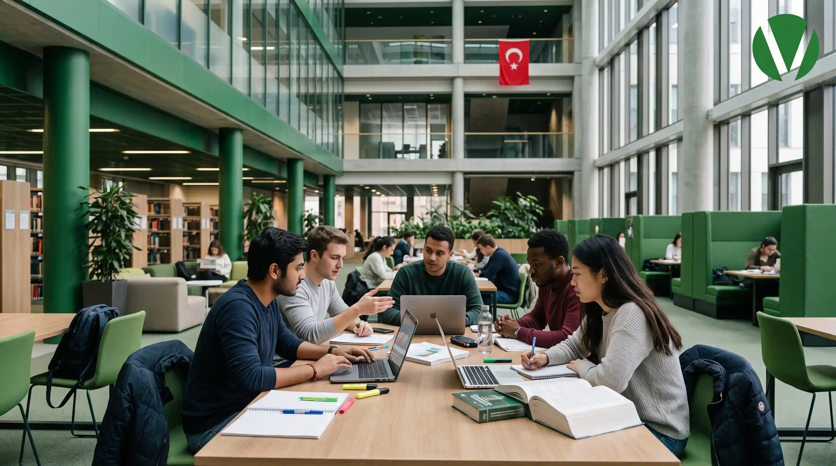 طلاب من جنسيات متنوعة يدرسون معًا في مكتبة جامعية حديثة ذات طابع أخضر، ويظهر علم تركيا في الخلفية مع شعار في أعلى اليمين.