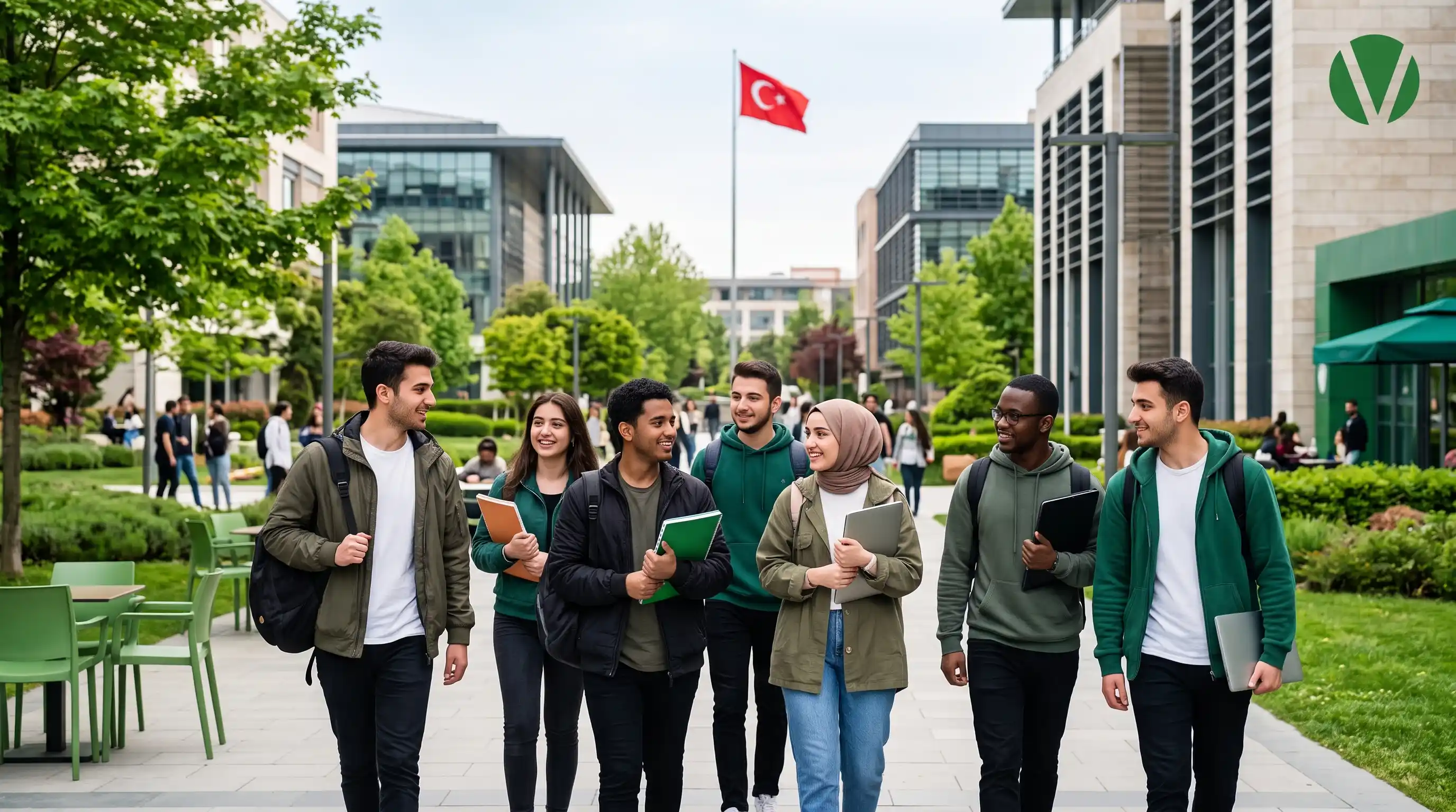 طلاب دوليون يتجولون في حرم جامعي تركي حديث يعكس الاعتراف بالجامعات التركية.