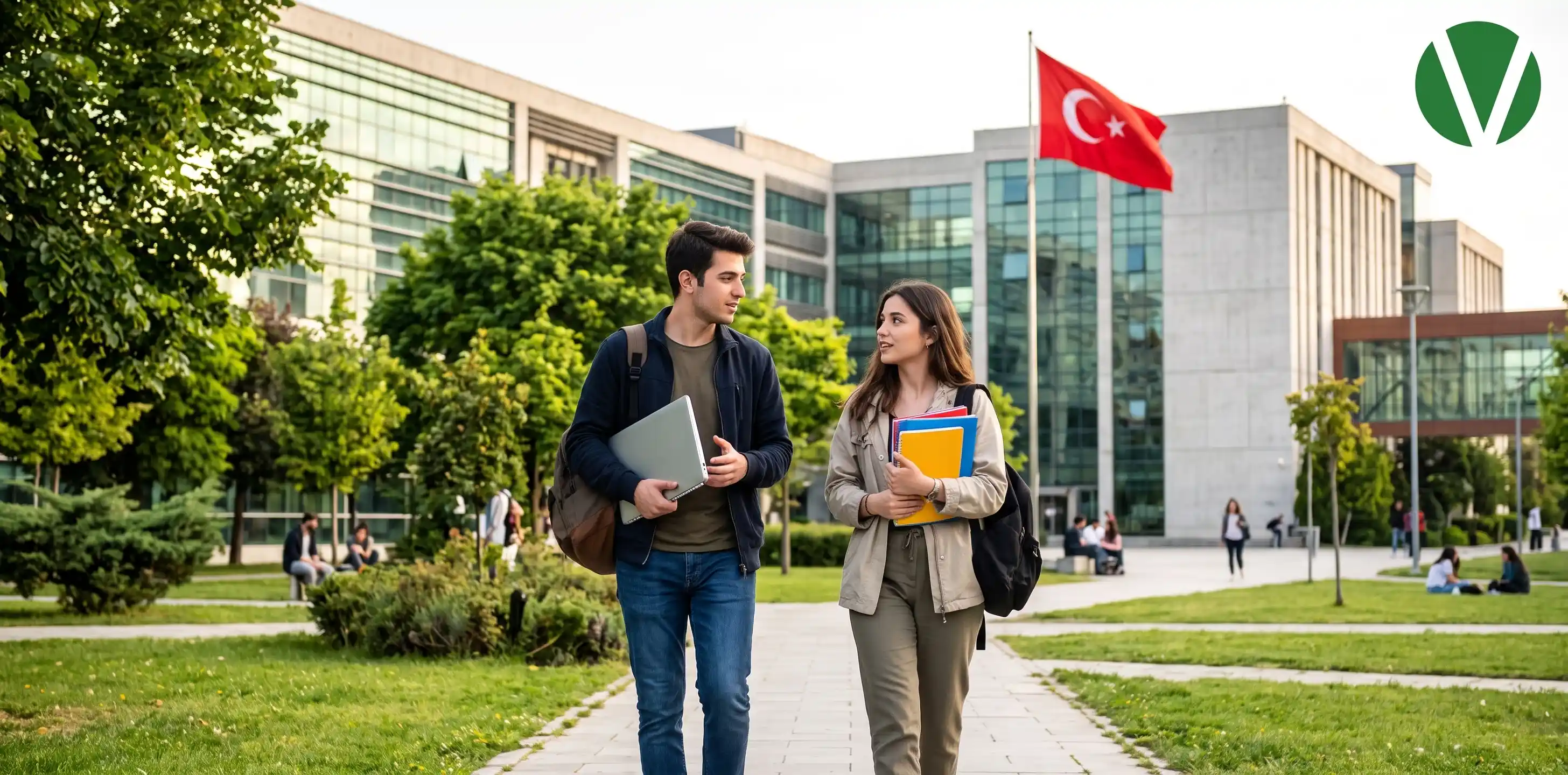 طالب وطالبة أمام مبنى حديث لإحدى الجامعات التركية المعتمدة دولياً في أوروبا وأمريكا