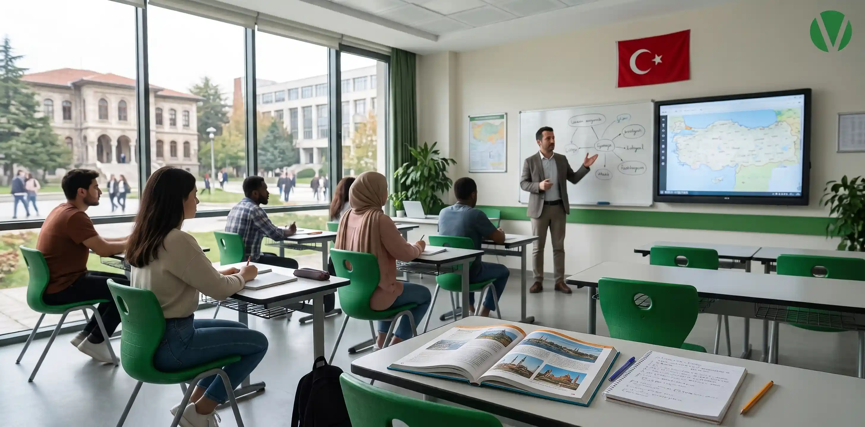 "معلم يشرح للطلاب داخل معهد التومر (TÖMER) لتعلم اللغة التركية في إحدى جامعات تركيا."