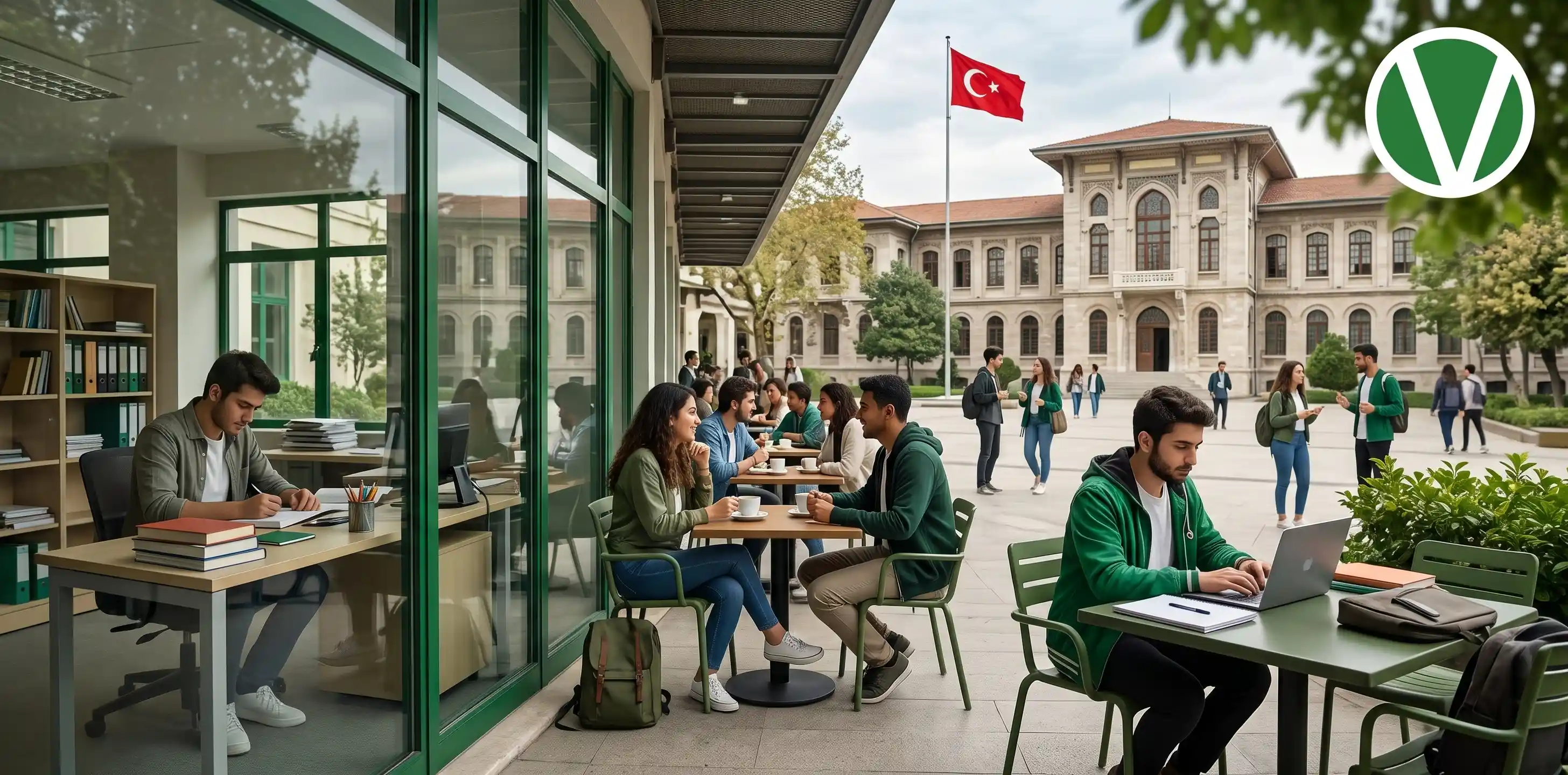 "مجموعة طلاب دوليين يعملون ويدرسون في بيئات مكتبية ومقاهٍ داخل الحرم الجامعي تعبيراً عن فرص العمل للطلاب الأجانب في تركيا أثناء الدراسة."